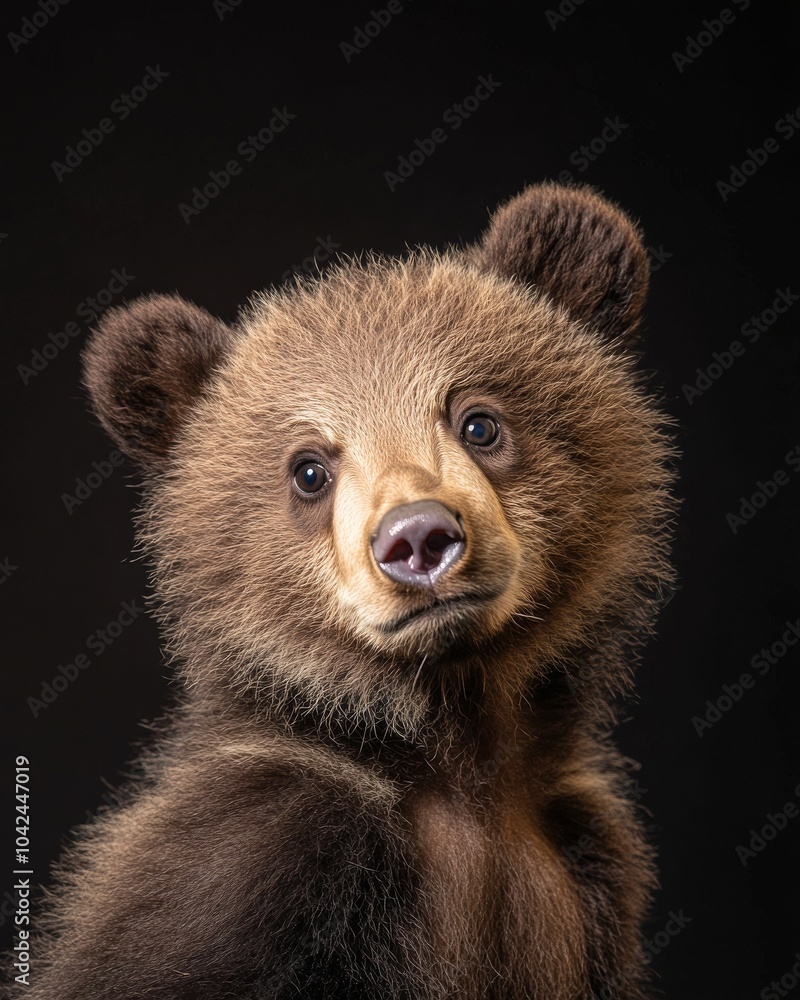 Obraz premium the baby Grizzly Bear, portrait view, white copy space on right, Isolated on black Background