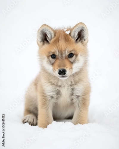 the baby Himalayan Wolf, portrait view, white copy space on right, Isolated on white Background