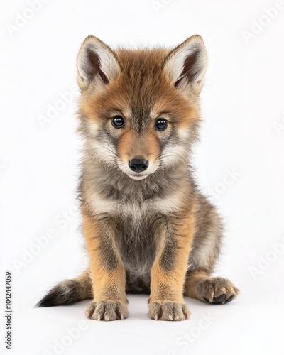 the baby Himalayan Wolf, portrait view, white copy space on right, Isolated on white Background