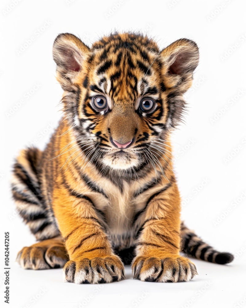 Obraz premium the baby Indochinese Tiger, portrait view, white copy space on right, Isolated on white Background