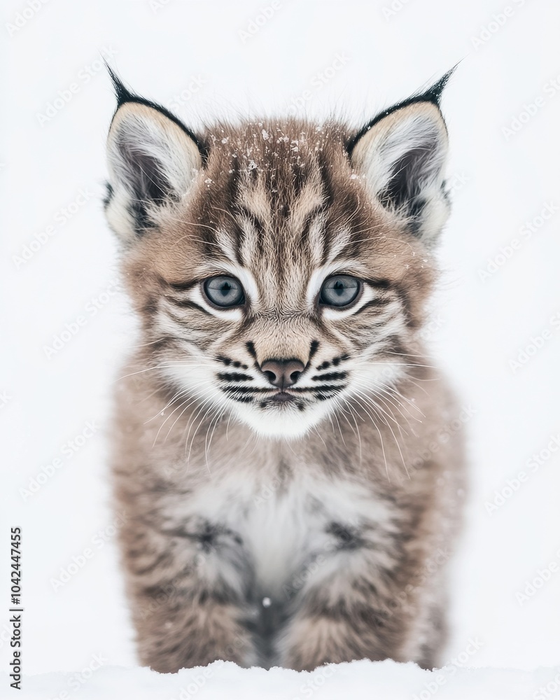 the baby Lynx canadensis, portrait view, white copy space on right, Isolated on white Background the baby Lynx canadensis, portrait view, white copy space on right, Isolated on white Background