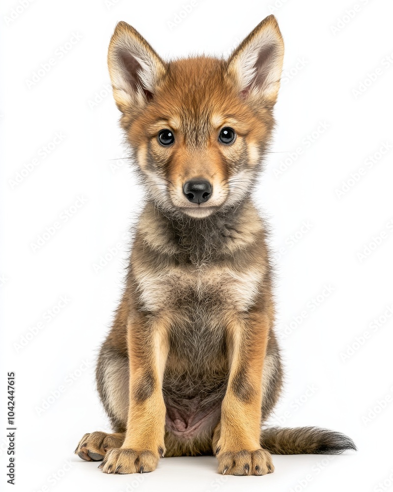 Fototapeta premium the baby Red Wolf, portrait view, white copy space on right, Isolated on white Background