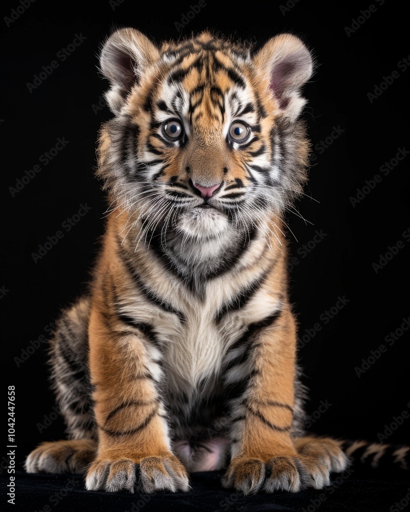 the baby Siberian Tiger, portrait view, white copy space on right, Isolated on black Background the baby Siberian Tiger, portrait view, white copy space on right, Isolated on black Background