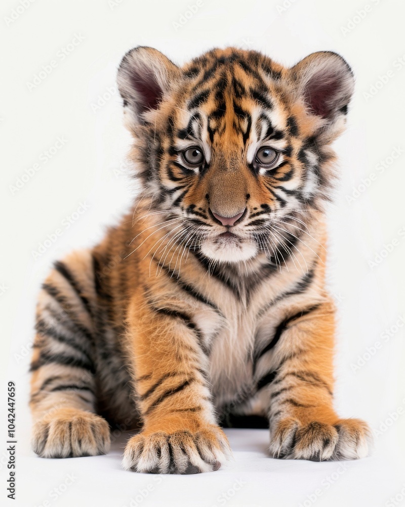 Fototapeta premium the baby Siberian Tiger, portrait view, white copy space on right, Isolated on white Background