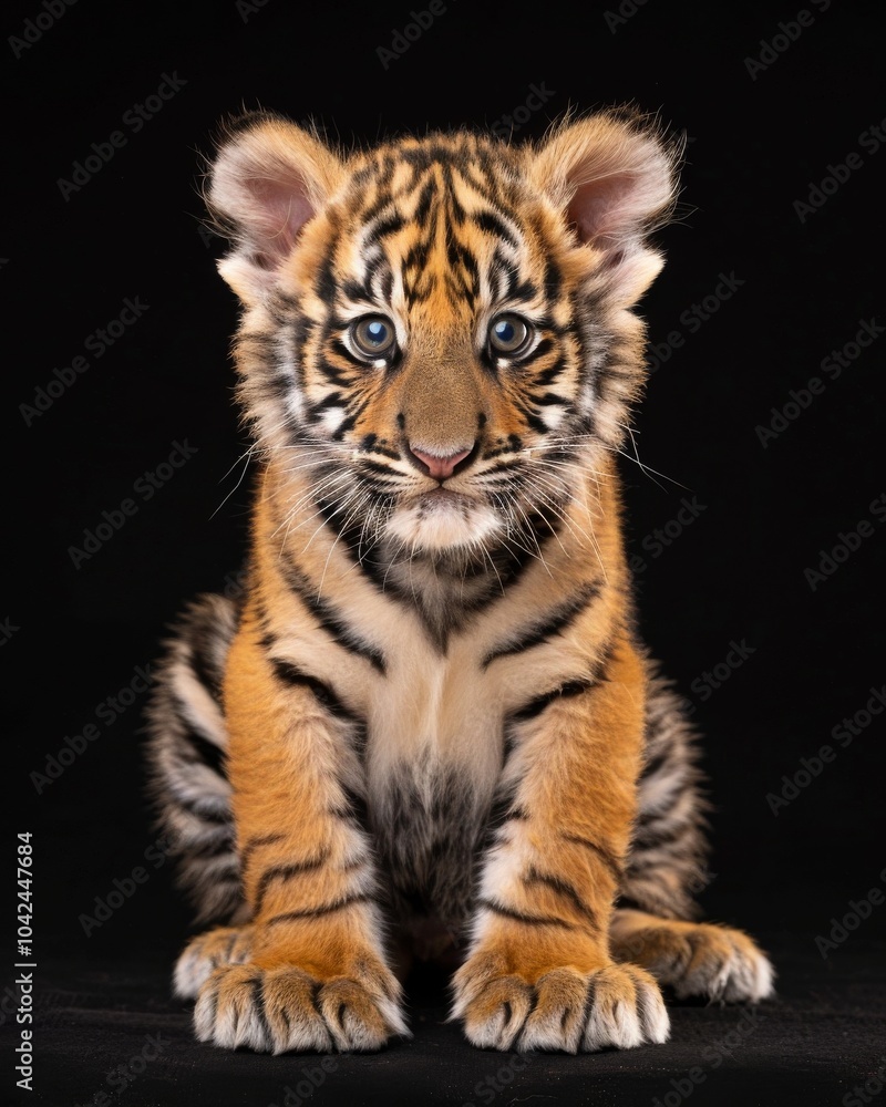 Obraz premium the baby Siberian Tiger, portrait view, white copy space on right, Isolated on black Background
