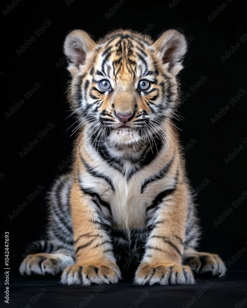 Obraz premium the baby Siberian Tiger, portrait view, white copy space on right, Isolated on black Background
