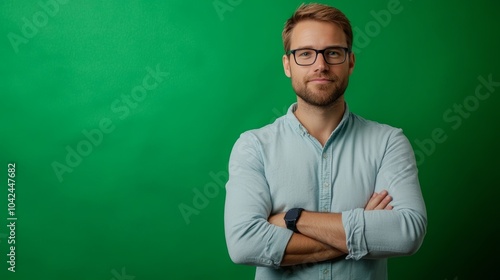 A man with glasses standing with crossed arms surrounded by a calming green background.