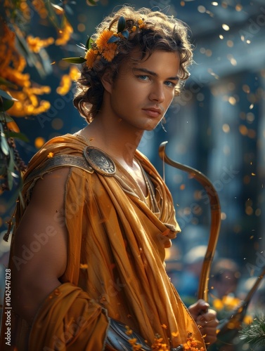 Apollo, revered god of light in ancient greek and roman mythology, shining patron of the arts and muses, forecaster of the future, healer, and emblem of male beauty, celebrated from mount Olympus. photo