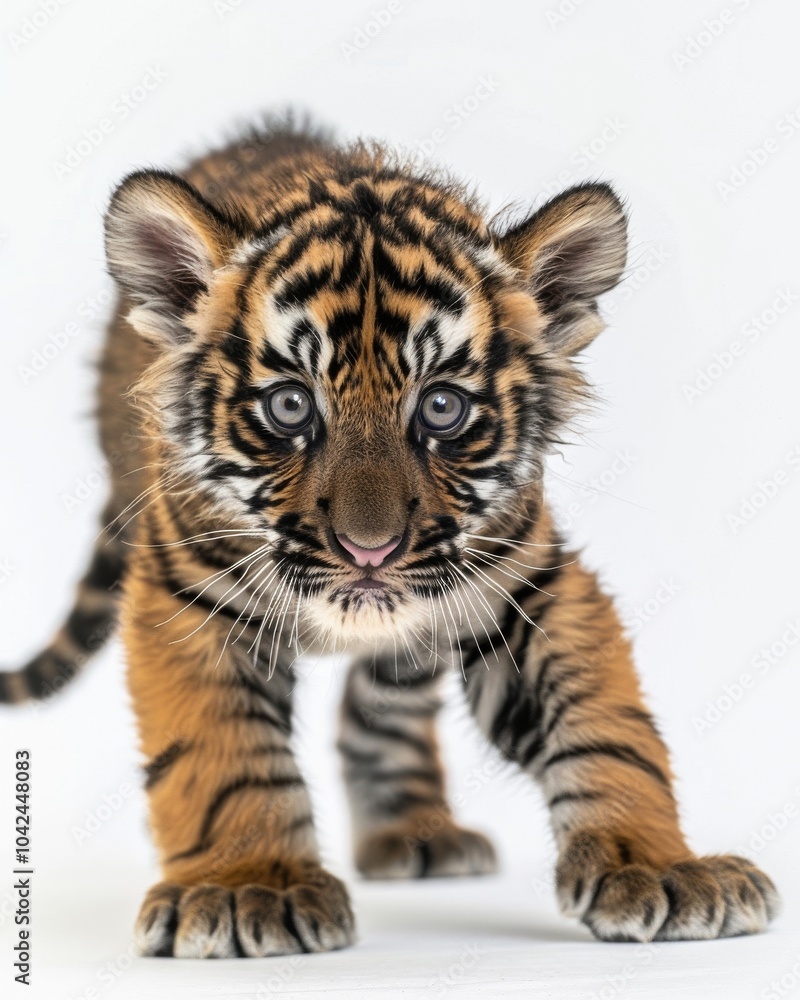 Fototapeta premium the baby Sumatran Tiger, portrait view, white copy space on right, Isolated on white Background