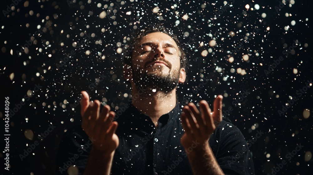 Man enjoying falling particles in dramatic lighting Man enjoying falling particles in dramatic lighting