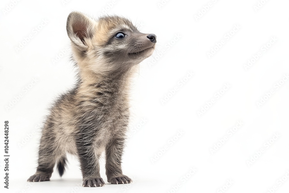 Obraz premium the beside view baby Aardwolf standing, left side view, low angle, white copy space on right, Isolated on White Background