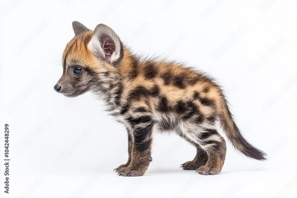 Obraz premium the beside view baby Aardwolf standing, left side view, low angle, white copy space on right, Isolated on White Background