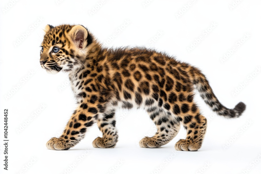 the beside view baby Amur Leopard standing, left side view, low angle, white copy space on right, Isolated on White Background the beside view baby Amur Leopard standing, left side view, low angle, white copy space on right, Isolated on White Background