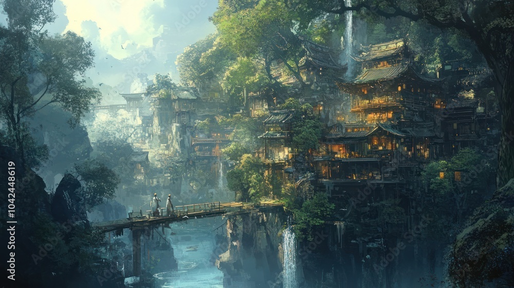 Fototapeta premium Fantasy Village in the Mountains
