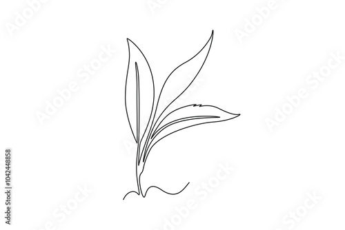 Single one line drawing healthy organic tea leaves for plantation logo identity. Fresh tender bud of tea shoot concept for tea leaf icon. Modern continuous line draw design graphic vector illustration