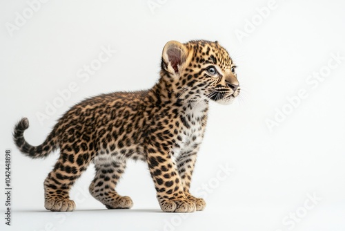 the beside view baby Indian Leopard standing, left side view, low angle, white copy space on right, Isolated on White Background