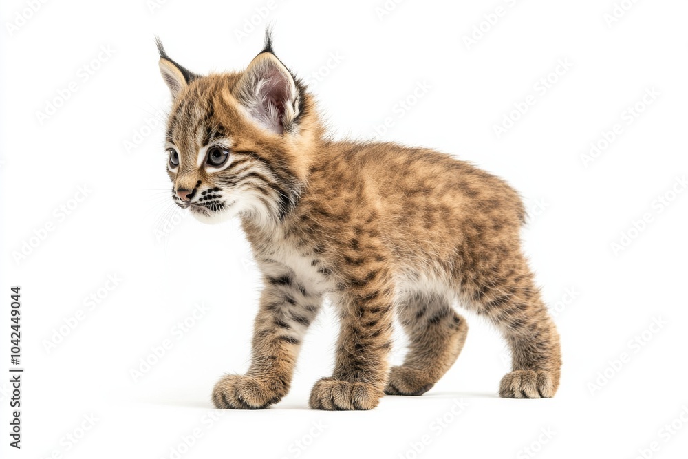 Obraz premium the beside view baby Lynx canadensis standing, left side view, low angle, white copy space on right, Isolated on White Background