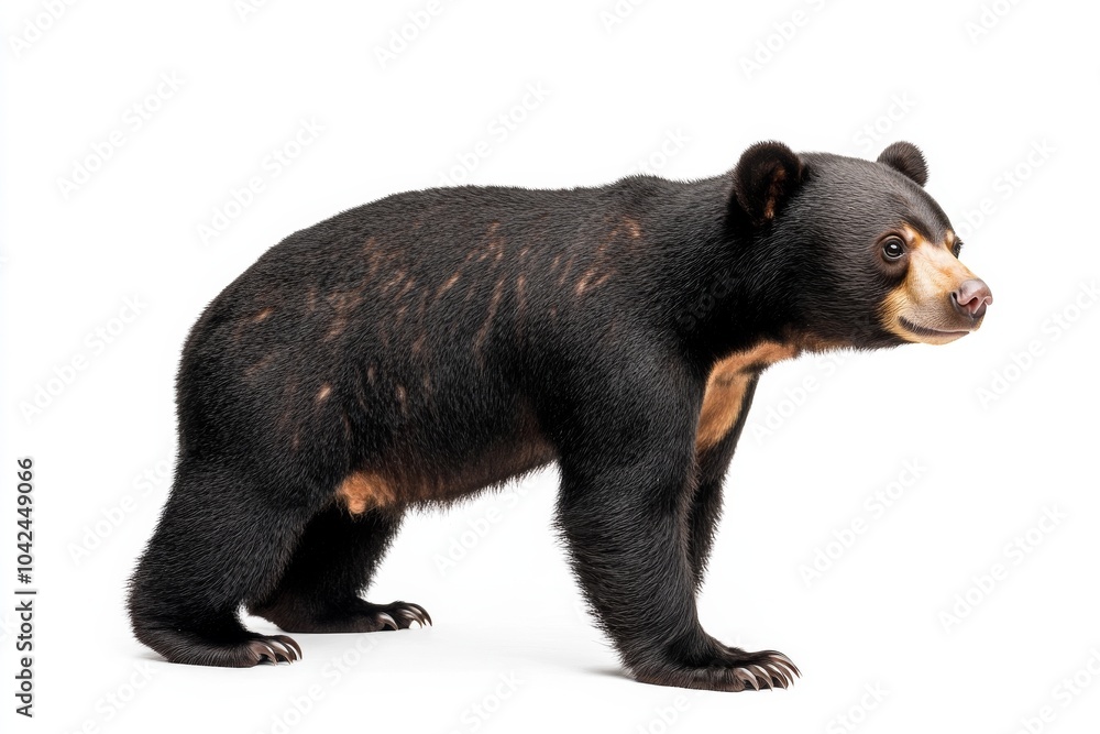Fototapeta premium the beside view baby Malayan Sun Bear standing, left side view, low angle, white copy space on right, Isolated on White Background