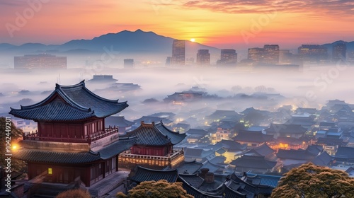 Wallpaper Mural A traditional Korean pagoda sits on a hilltop overlooking a city shrouded in mist at sunrise. Torontodigital.ca