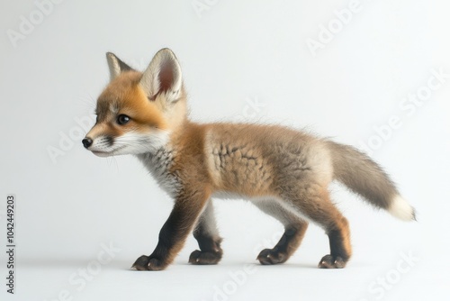 the beside view baby Red Fox standing, left side view, low angle, white copy space on right, Isolated on White Background