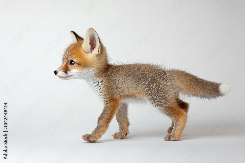 Obraz premium the beside view baby Swift Fox standing, left side view, low angle, white copy space on right, Isolated on White Background