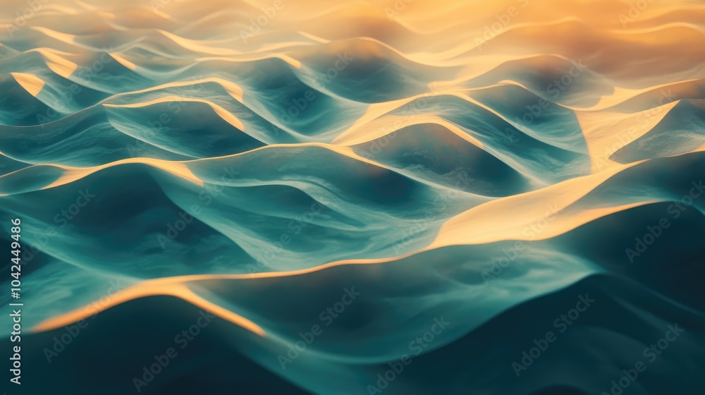 Obraz premium Abstract sand dunes at sunset from a high angle, their smooth curves and long shadows forming a visually stunning design