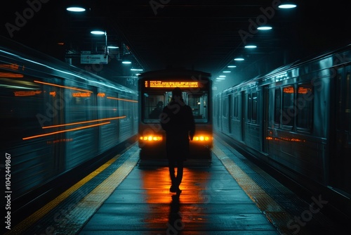 Silhouette of a Person Walking Between Two Trains at a Subway Station photo