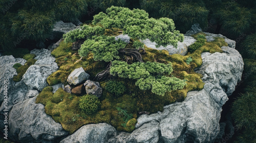 Serene Bonsai Tree on Mossy Rock Surface Serene Bonsai Tree on Mossy Rock Surface
