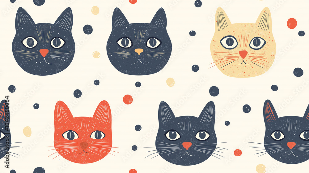 Cute Seamless Pattern with Cartoon Cat Faces and Polka Dots for Fabric, Wallpaper, and Background Cute Seamless Pattern with Cartoon Cat Faces and Polka Dots for Fabric, Wallpaper, and Background