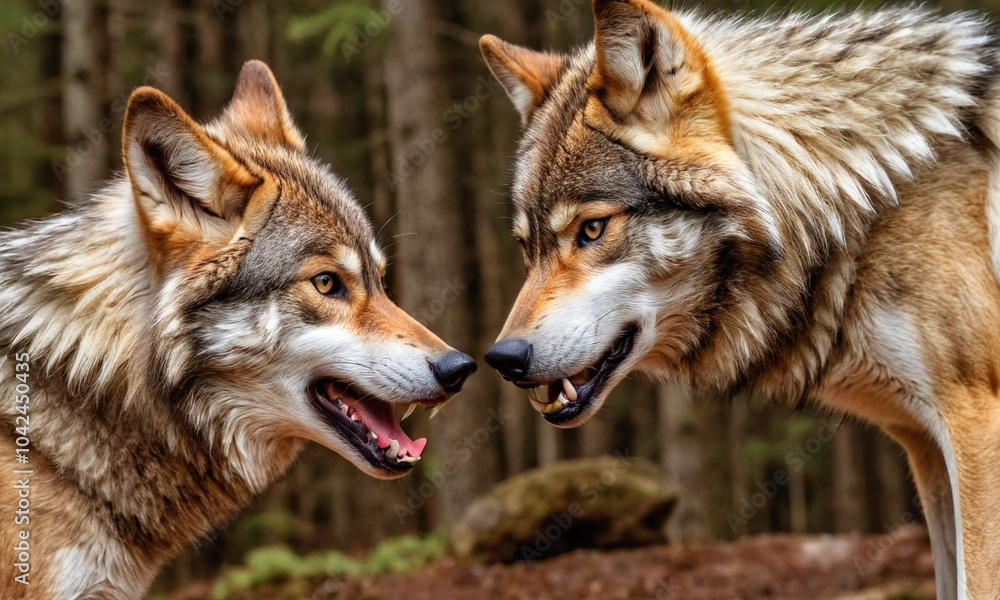 Fototapeta premium two wolves love in the forest