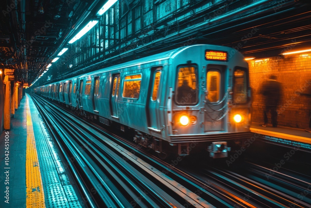 Obraz premium Subway Train Speeding Through Underground Tunnel