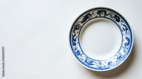 Elegant Blue and White Decorative Plate on Blank Background photo