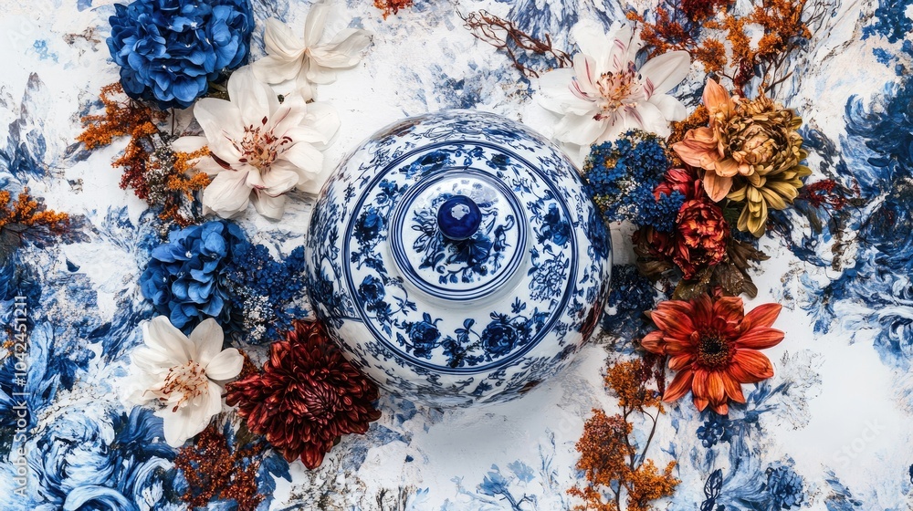 Fototapeta premium Floral Arrangement with Blue and White Decorative Bowl
