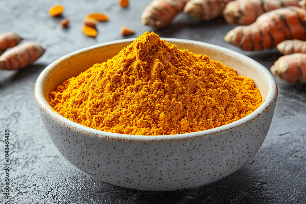 Top view of fresh turmeric powder in a white bowl, perfect for culinary and healthy cooking use. Top view of fresh turmeric powder in a white bowl, perfect for culinary and healthy cooking use.