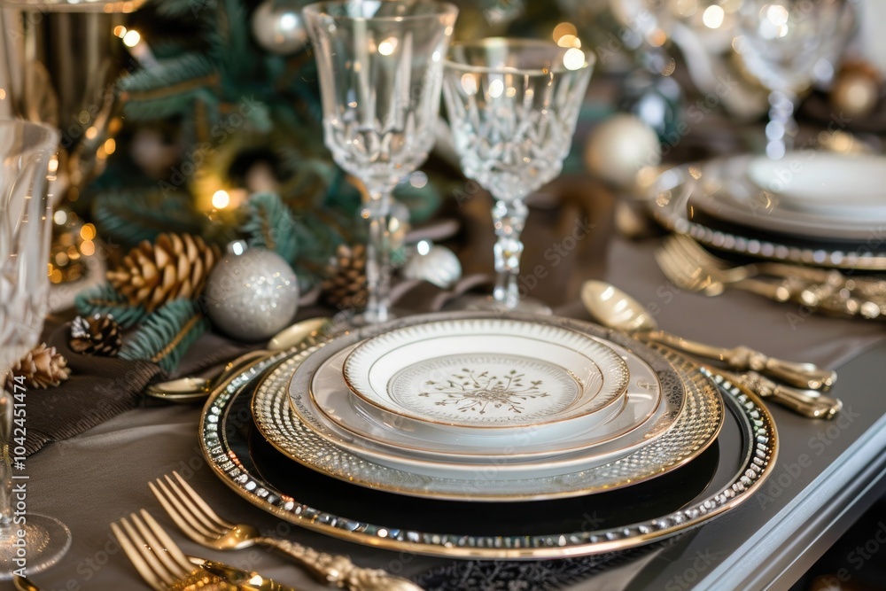 elegant holiday table setting with crystal glasses, plates, and festive decor elegant holiday table setting with crystal glasses, plates, and festive decor