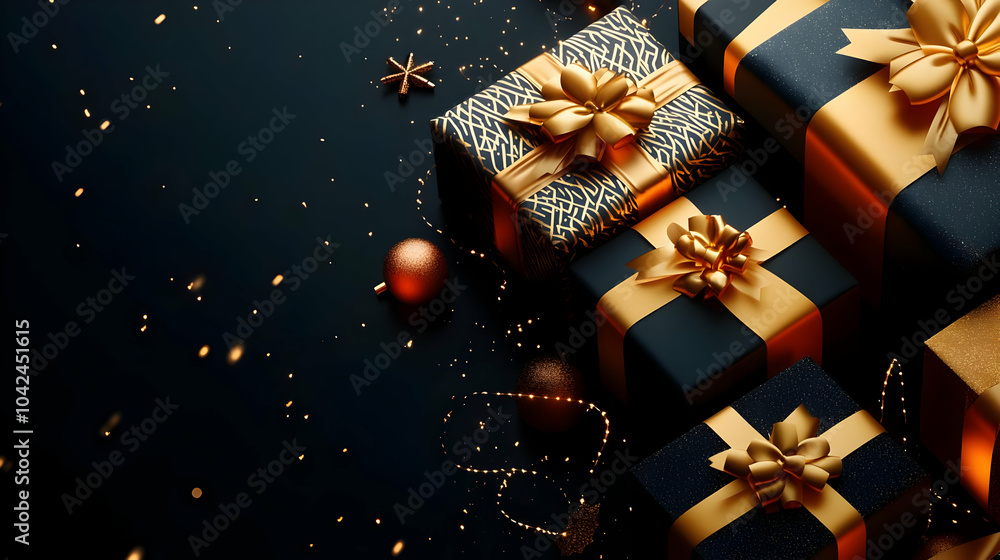 Elegant Black and Gold Gift Boxes with Bows - Festive Holiday Decor Elegant Black and Gold Gift Boxes with Bows - Festive Holiday Decor