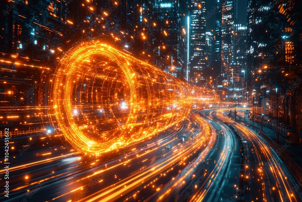 Obraz premium Futuristic Cityscape with Glowing Tunnel and Light Trails