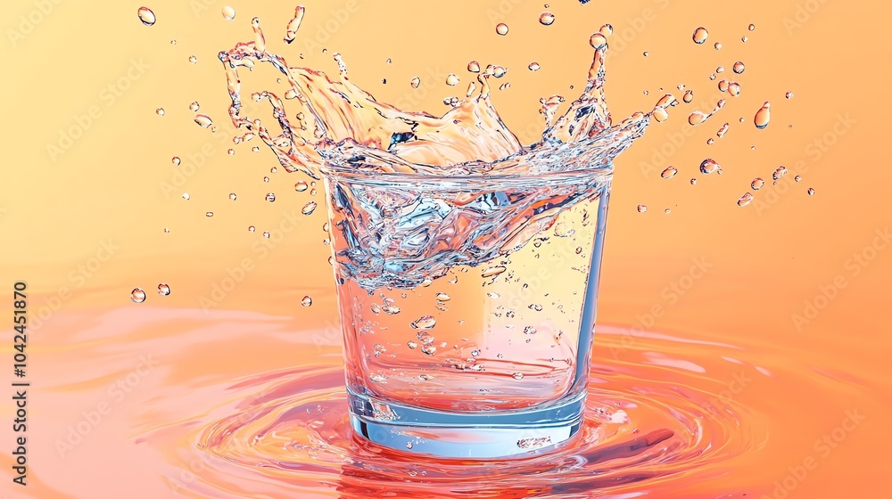 Cartoon water pouring from a tilted glass, splashing as it hits the surface, water splash, playful and vibrant Cartoon water pouring from a tilted glass, splashing as it hits the surface, water splash, playful and vibrant