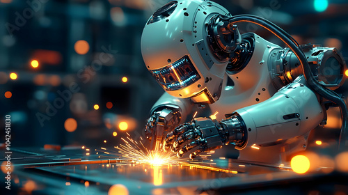 Robot welding metal in a fu...