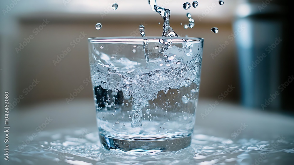 Closeup of water droplets flying from a glass as its being poured, water pour, dynamic and clear Closeup of water droplets flying from a glass as its being poured, water pour, dynamic and clear