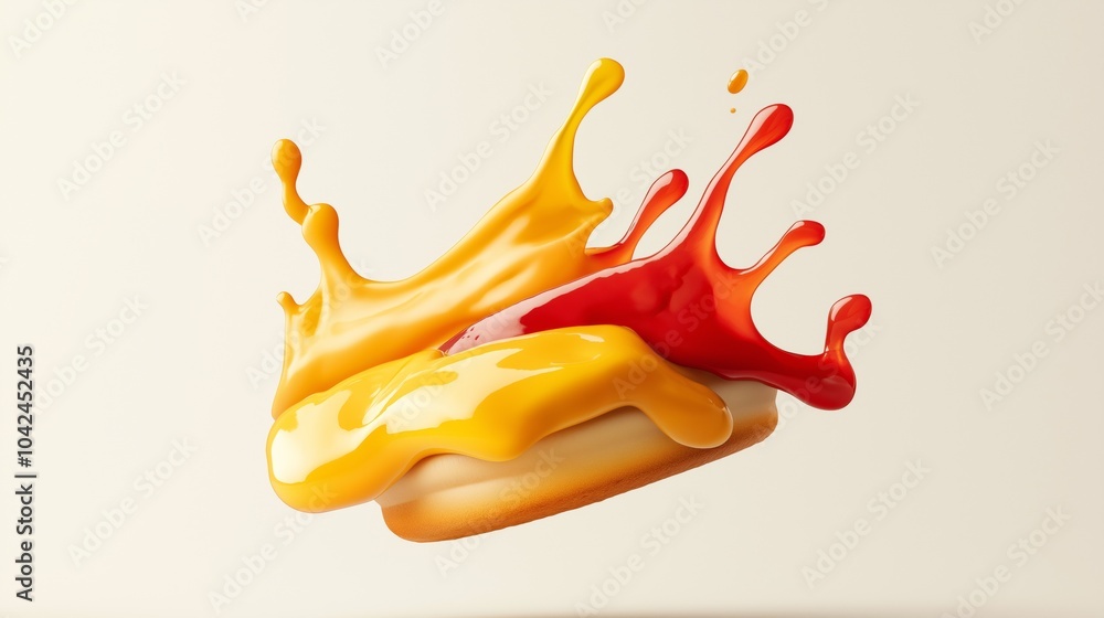 Fototapeta premium A vibrant splash of yellow mustard and red ketchup on a simple donut creating an artistic food composition.