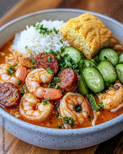 A bowl of shrimp and sausage stew served with rice and cornbread. photo