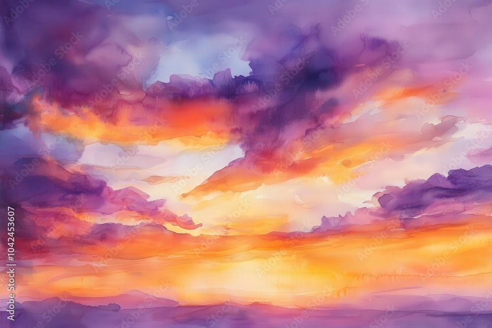 Obraz premium Watercolor Painting of a Sunset with Purple and Orange Clouds