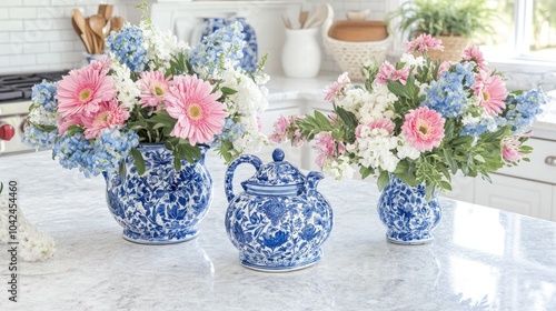 Floral Arrangement in Blue and White Pottery