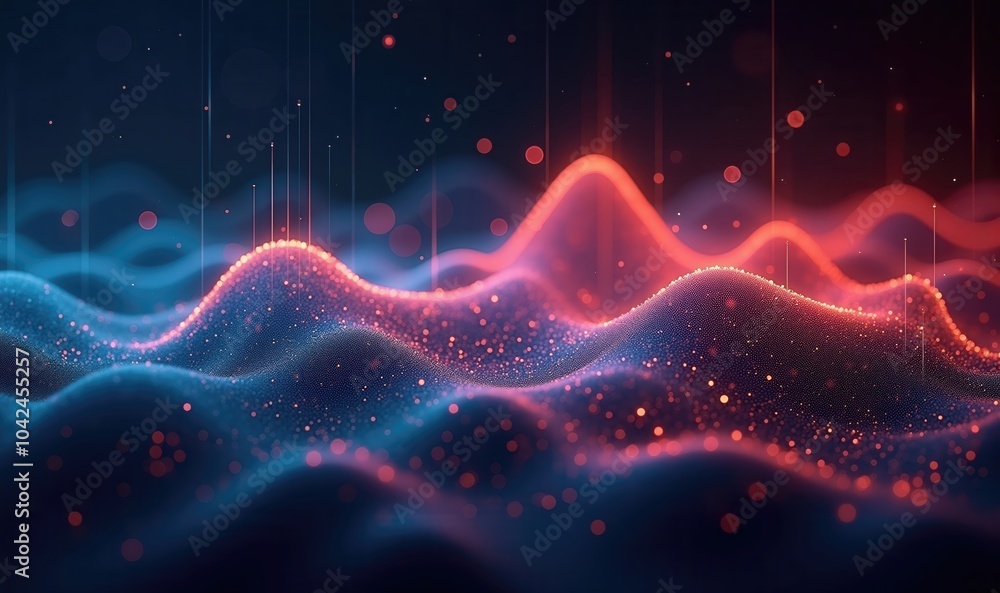 Fototapeta premium Dynamic digital waves in vibrant red and blue tones, creating a mesmerizing visual perfect for technology, music, and abstract art projects.
