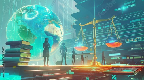 Silhouettes of people stand in front of a large globe, scales of justice, and a stack of books, set against a futuristic, digital backdrop.