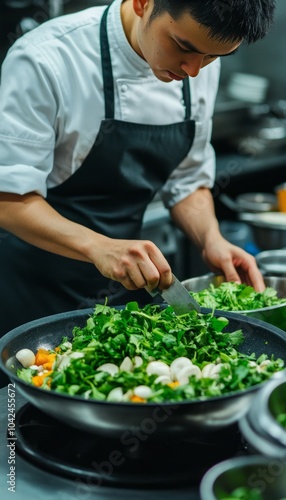 A chef preparing a fresh vegetable salad in a professional kitchen.