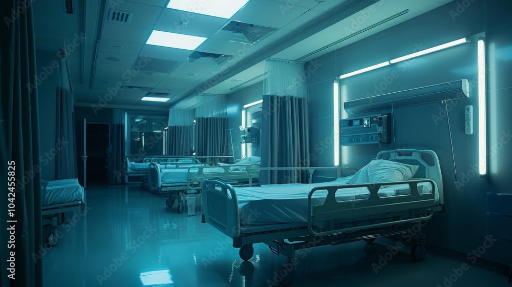 Empty hospital beds line the hallway, a sterile and quiet scene under the cool blue light. Empty hospital beds line the hallway, a sterile and quiet scene under the cool blue light.
