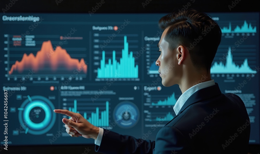 A business professional analyzing data on a digital dashboard, showcasing modern analytics and insights for informed decision making. A business professional analyzing data on a digital dashboard, showcasing modern analytics and insights for informed decision making.