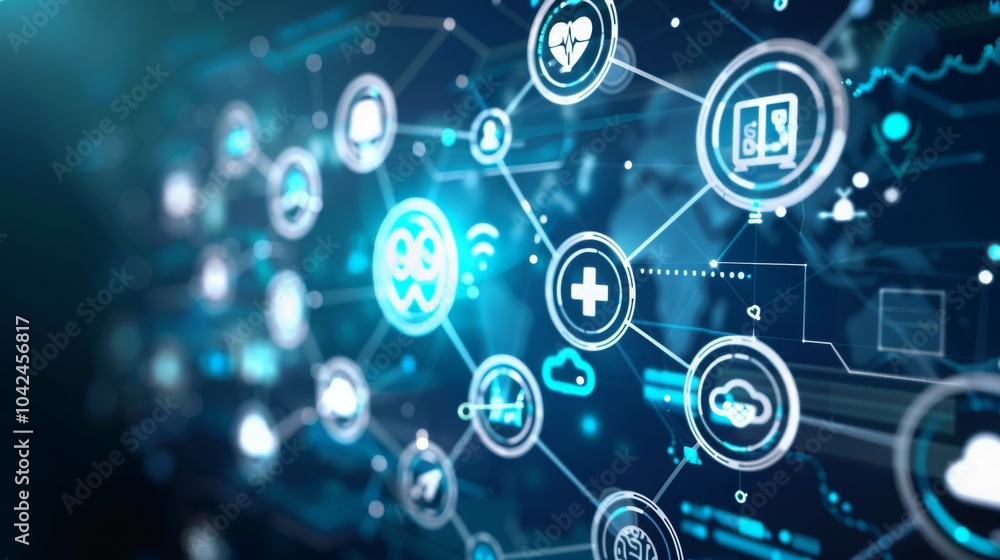 A digital illustration of interconnected healthcare symbols representing a network of data and technology. A digital illustration of interconnected healthcare symbols representing a network of data and technology.